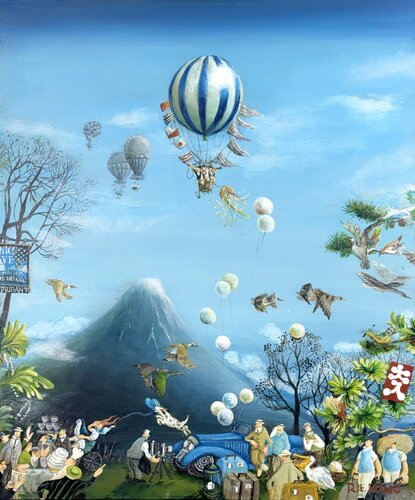 We love Mt Fuji - While on the balloon journey von Rie Kono, Malerei kaufen auf Select