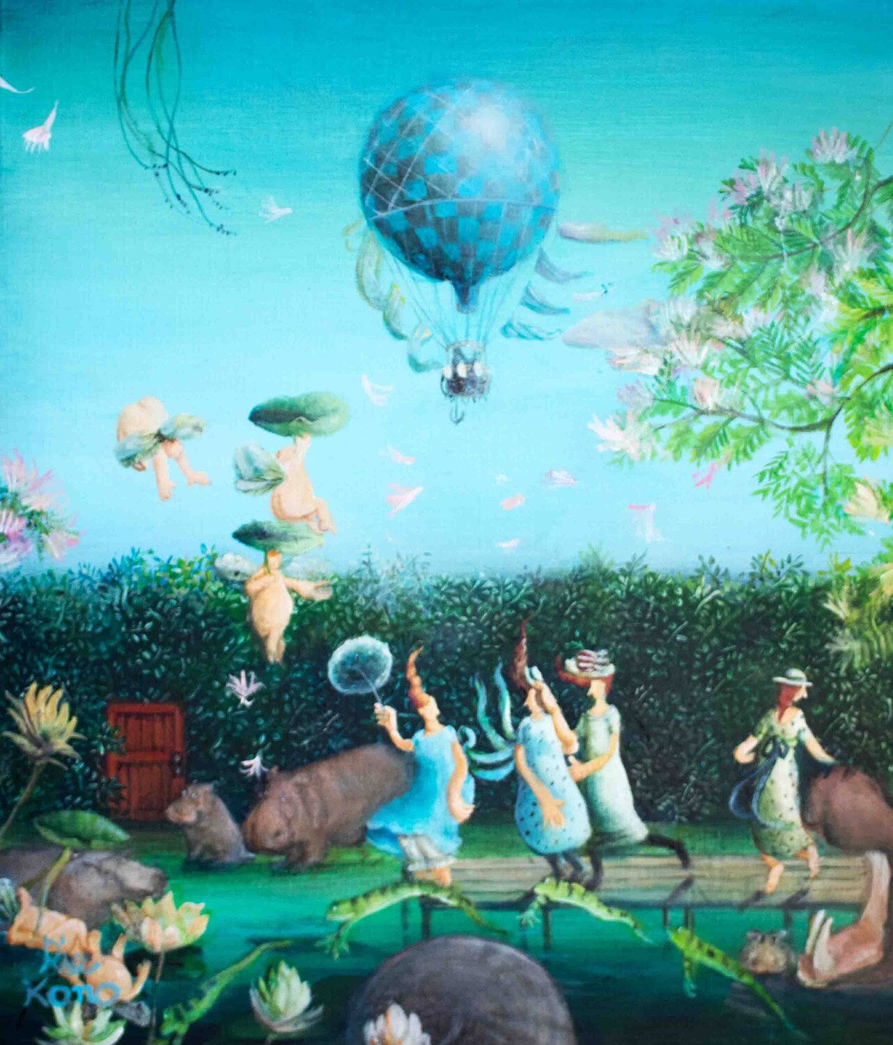 Let’s walk with the hippopotamus. Rie Kono Original painting for sale