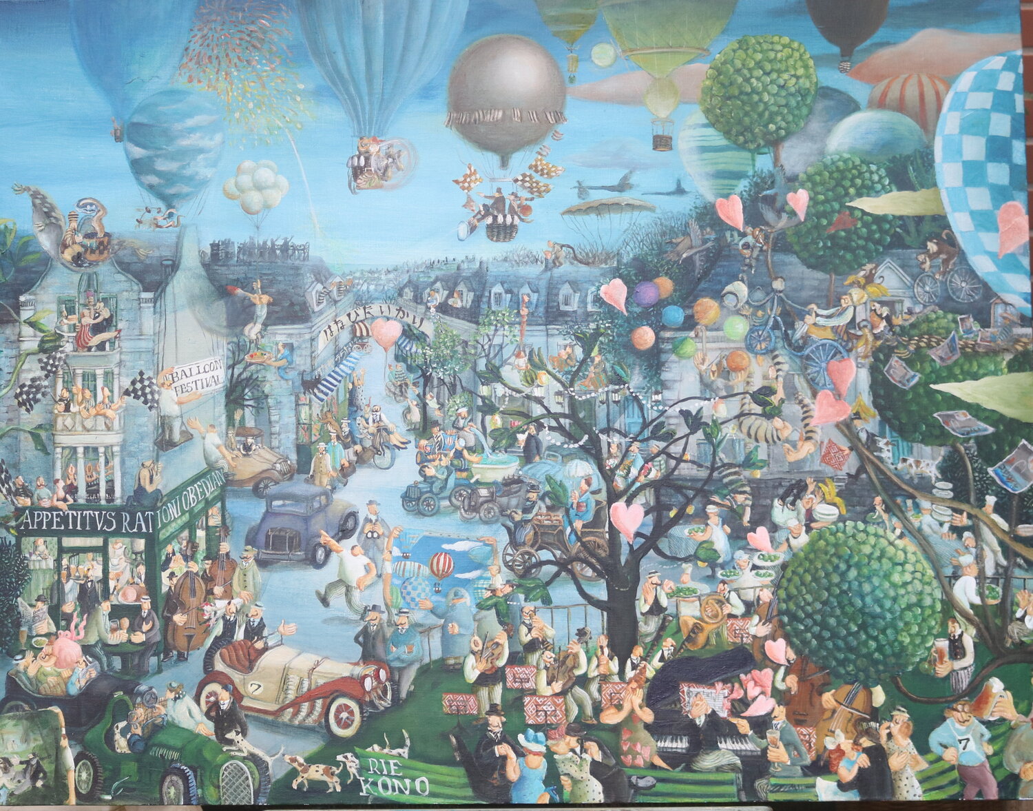 A wonderful time with fire works   --during Balloon journey-- Rie Kono Original painting for sale