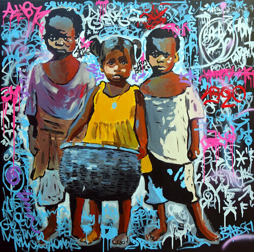 Kids With a Basket by Wojtek Babski, Painting for Sale on Select