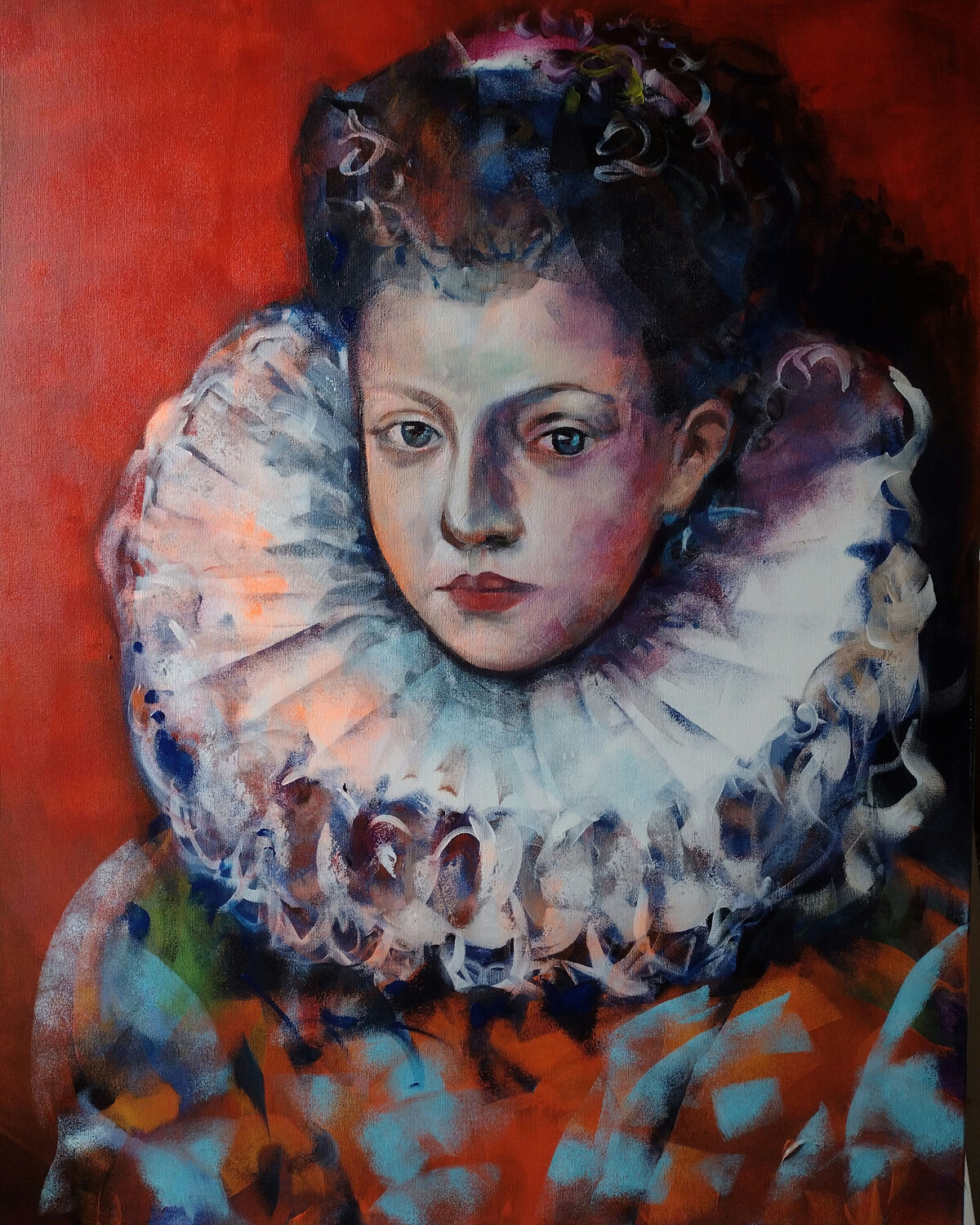 Red background portrait Marina Del Pozo Original painting for sale