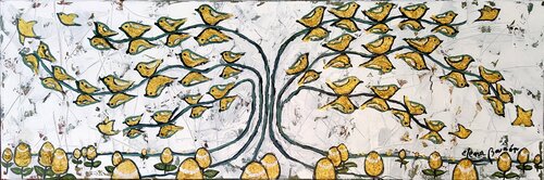 Sembrando pájaros dorados by Elena Barón, Painting for Sale on Select