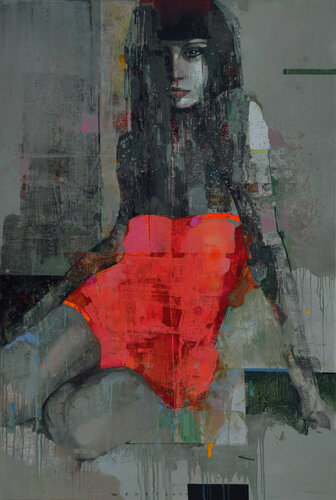 Green-eyed lady in red by Viktor Sheleg, Painting for Sale on Select