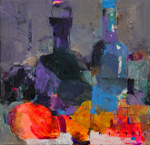 Bottles and fruits by Viktor Sheleg, Painting for Sale on Select