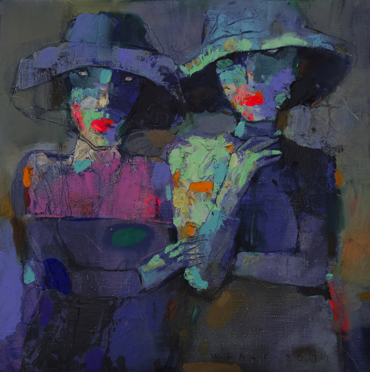 Two girlfriends in blue Viktor Sheleg Original painting for sale