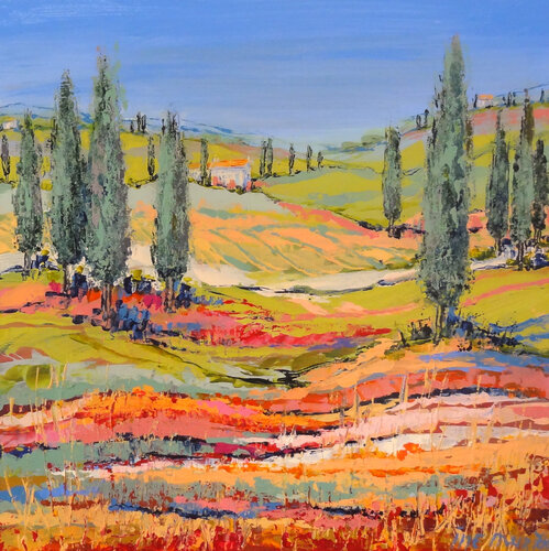 Cypresses under a blue sky - (Framed) by Inelouise Mourick, Painting for Sale on Select