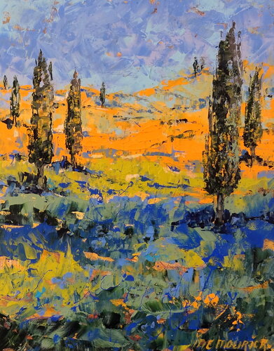 Cypress trees in a field of cornflowers by Inelouise Mourick, Painting for Sale on Select