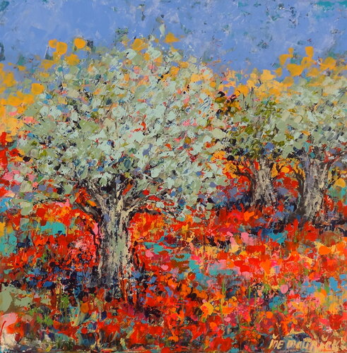 Olive trees in a field of poppies (Framed) by Inelouise Mourick, Painting for Sale on Select