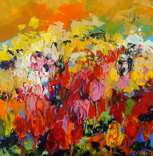 Field with tulips (Framed) by Inelouise Mourick, Painting for Sale on Select