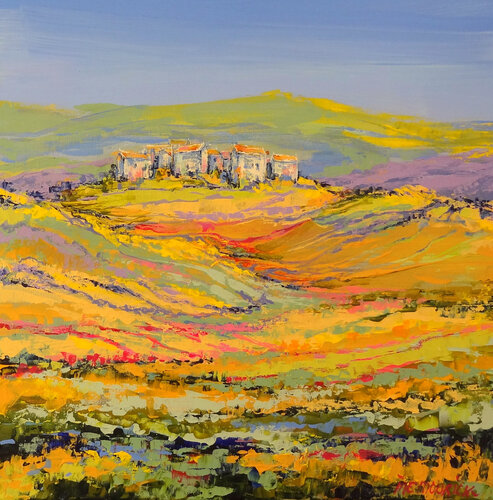 Village in yellow fields (Framed) by Inelouise Mourick, Painting for Sale on Select