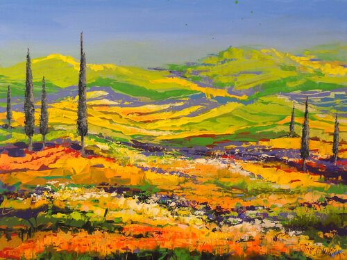 With a view of green hills (Framed) by Inelouise Mourick, Painting for Sale on Select