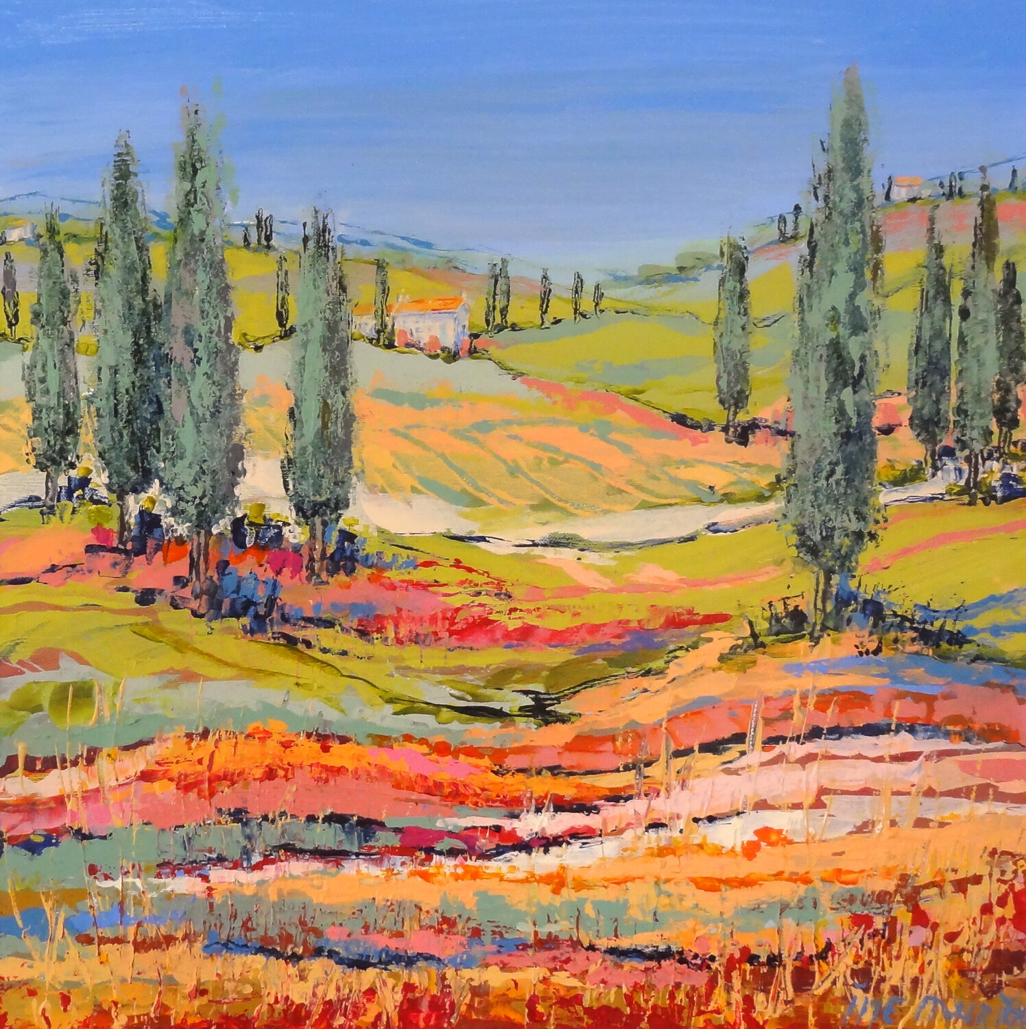 Cypresses under a blue sky - (Framed) Inelouise Mourick Original painting for sale