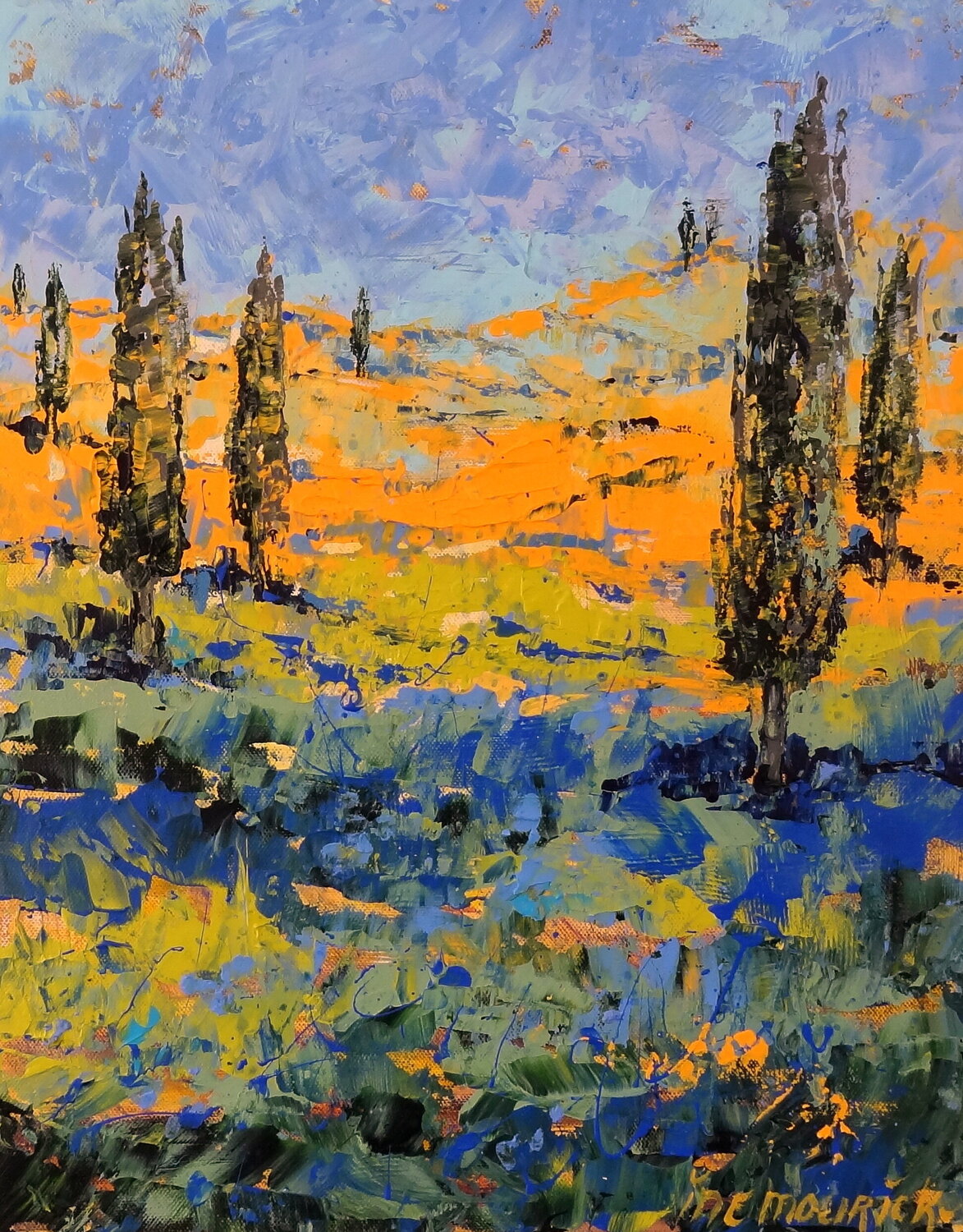 Cypress trees in a field of cornflowers Inelouise Mourick Original painting for sale