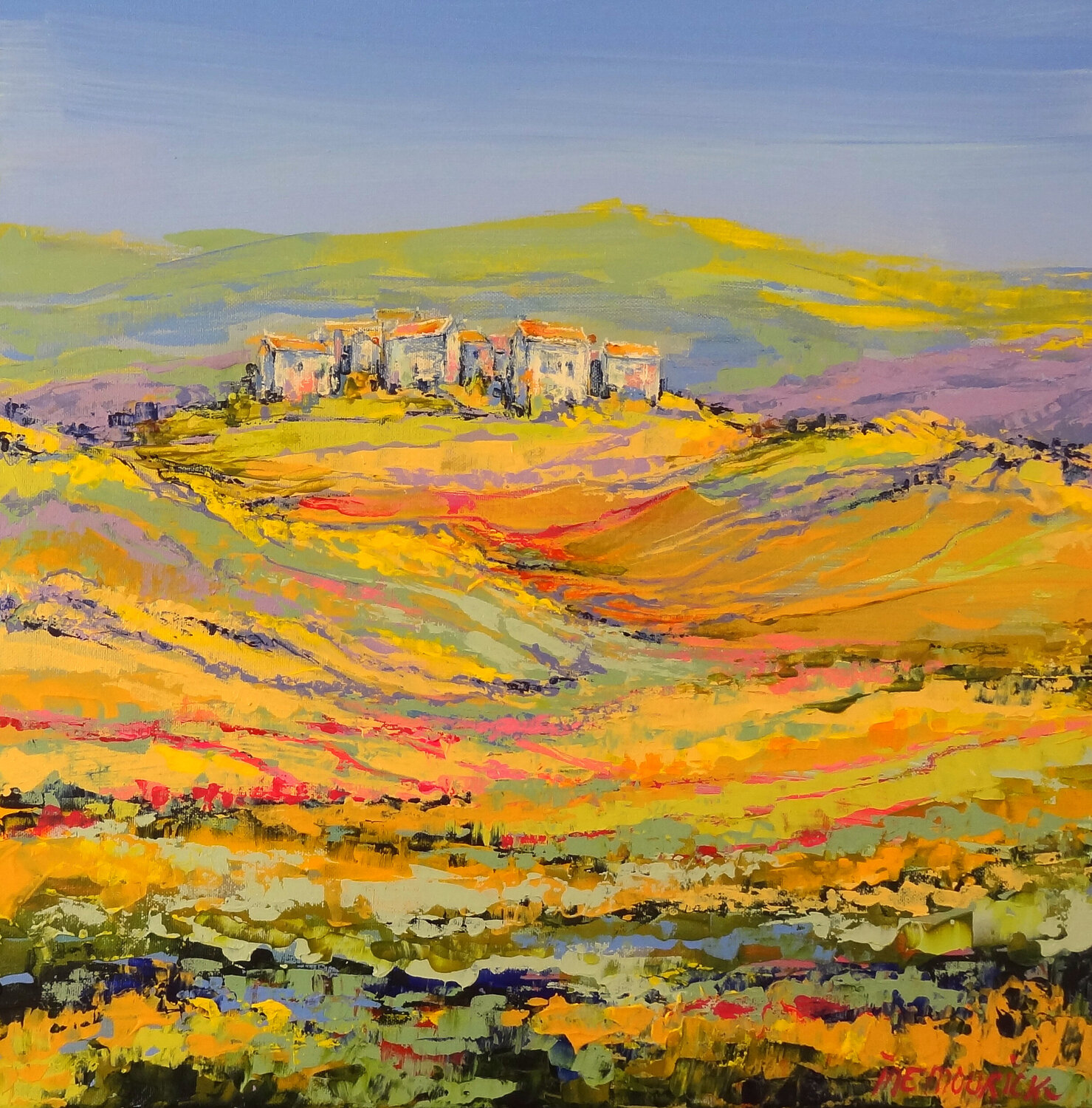 Village in yellow fields (Framed) Inelouise Mourick Original painting for sale