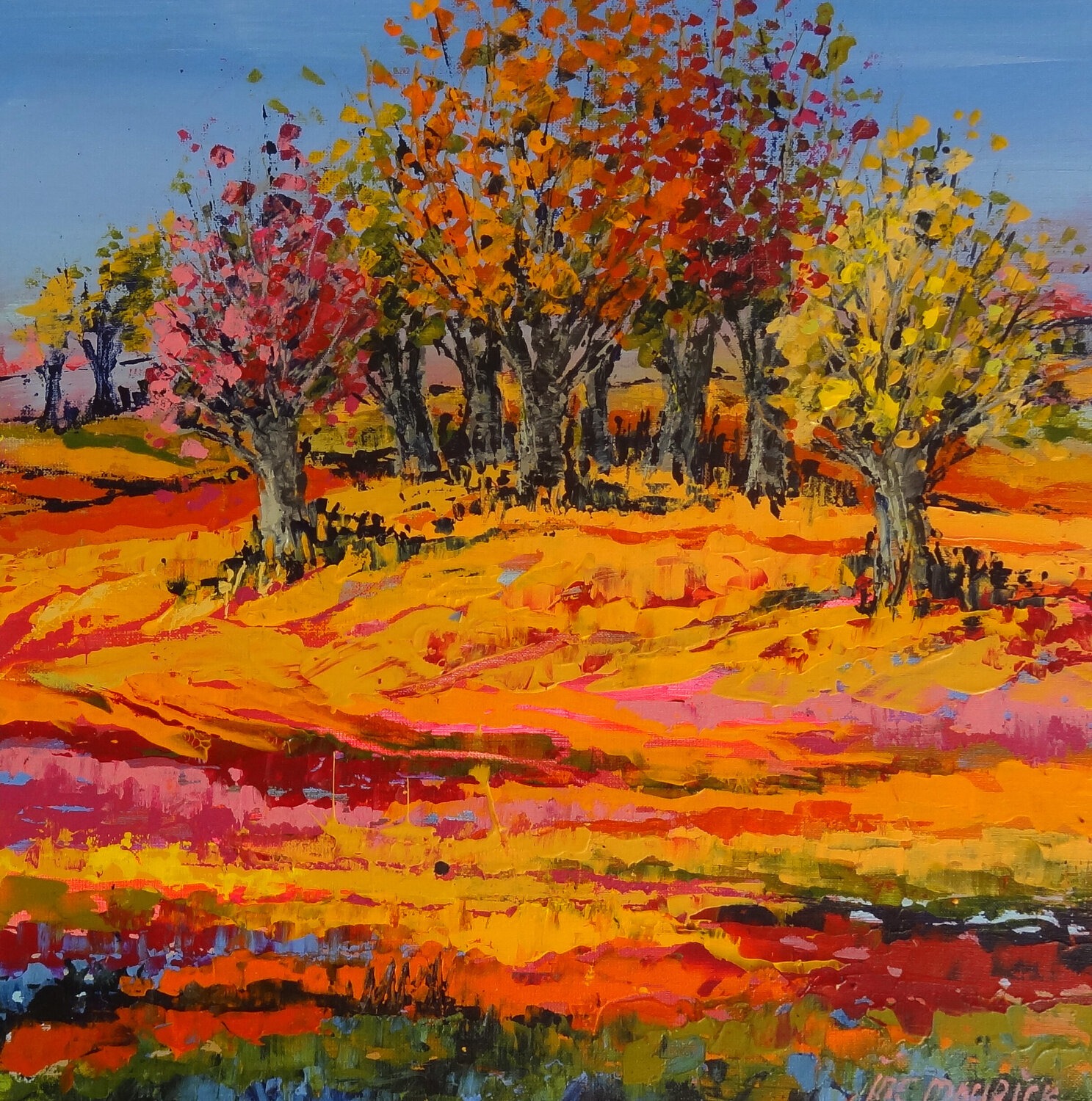 A yellow tree (Framed) Inelouise Mourick Original painting for sale