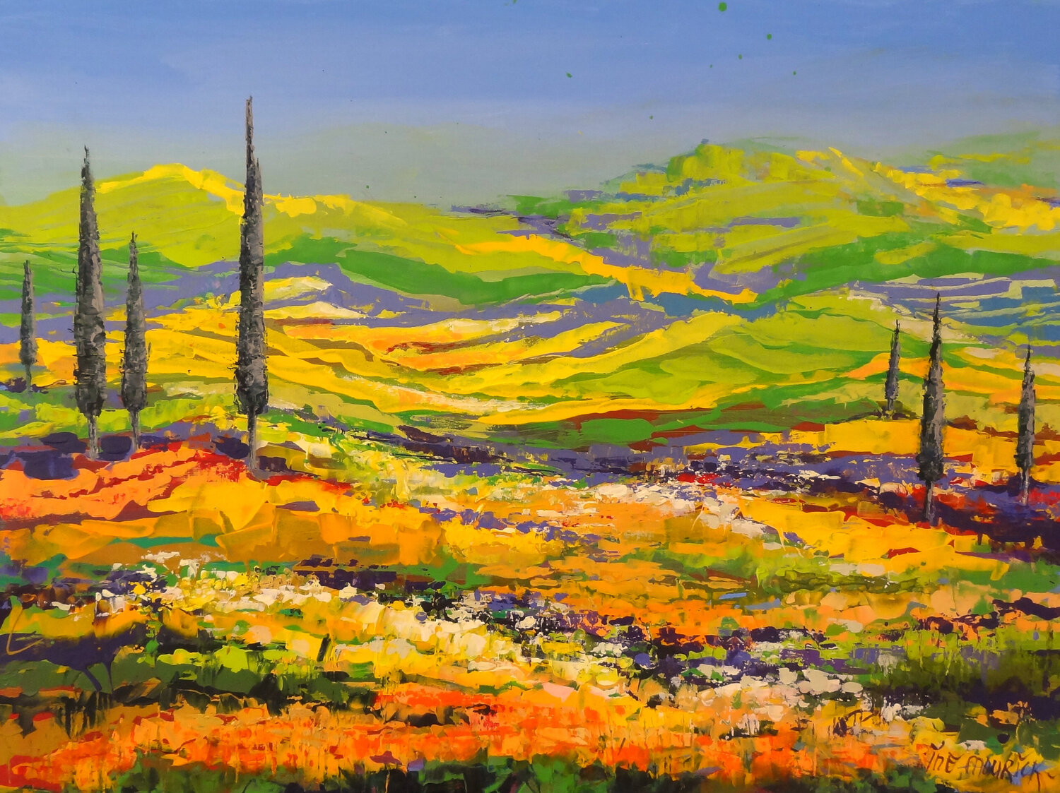 With a view of green hills (Framed) Inelouise Mourick Original painting for sale