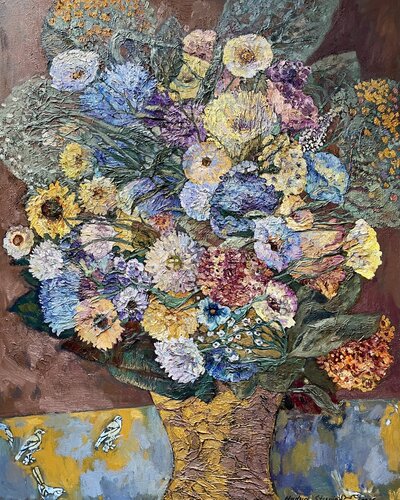Bouquet in a Yellow  vise by Nadezda Stupina, Painting for Sale on Select