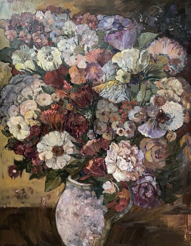 A lush bouquet in a pink vase by Nadezda Stupina, Painting for Sale on Select