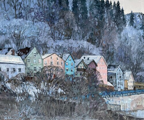 Colorful  houses in the foot of the mountains by Nadezda Stupina, Painting for Sale on Select