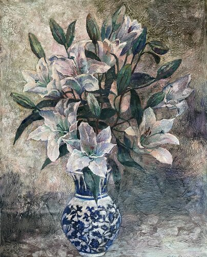 Lilies in a blue and white vase by Nadezda Stupina, Painting for Sale on Select