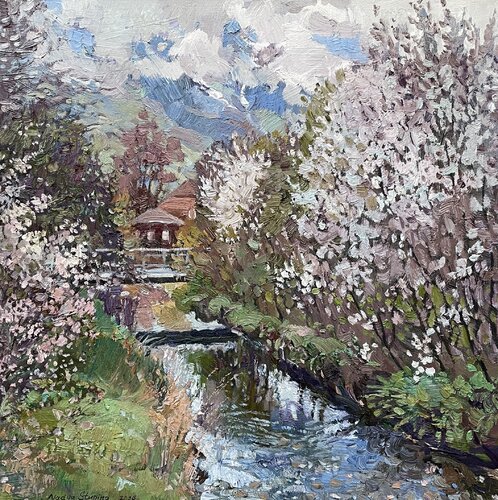 Blooming in the Alpine valley by Nadezda Stupina, Painting for Sale on Select