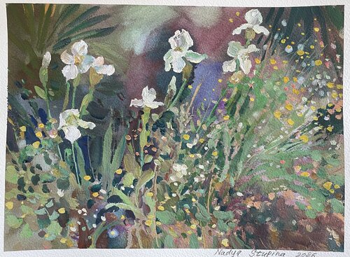 Irises in the garden by Nadezda Stupina, Painting for Sale on Select