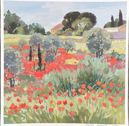 Olive trees in the poppy field. Occitanie. by Nadezda Stupina, Painting for Sale on Select
