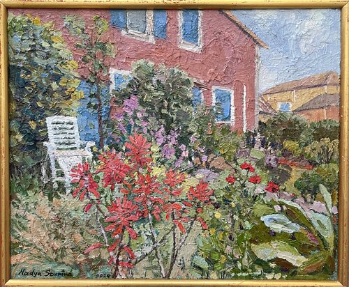Garden with a white sun lounger by Nadezda Stupina, Painting for Sale on Select