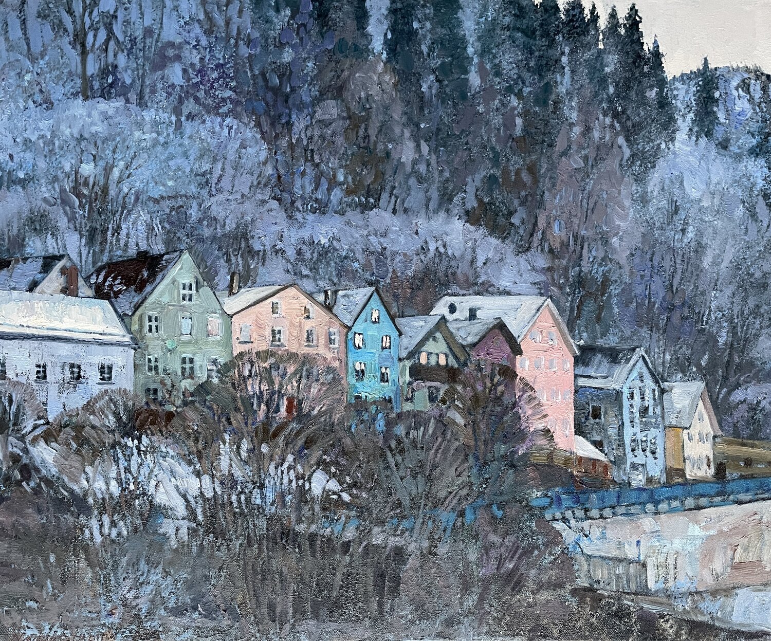 Colorful  houses in the foot of the mountains Nadezda Stupina Original painting for sale