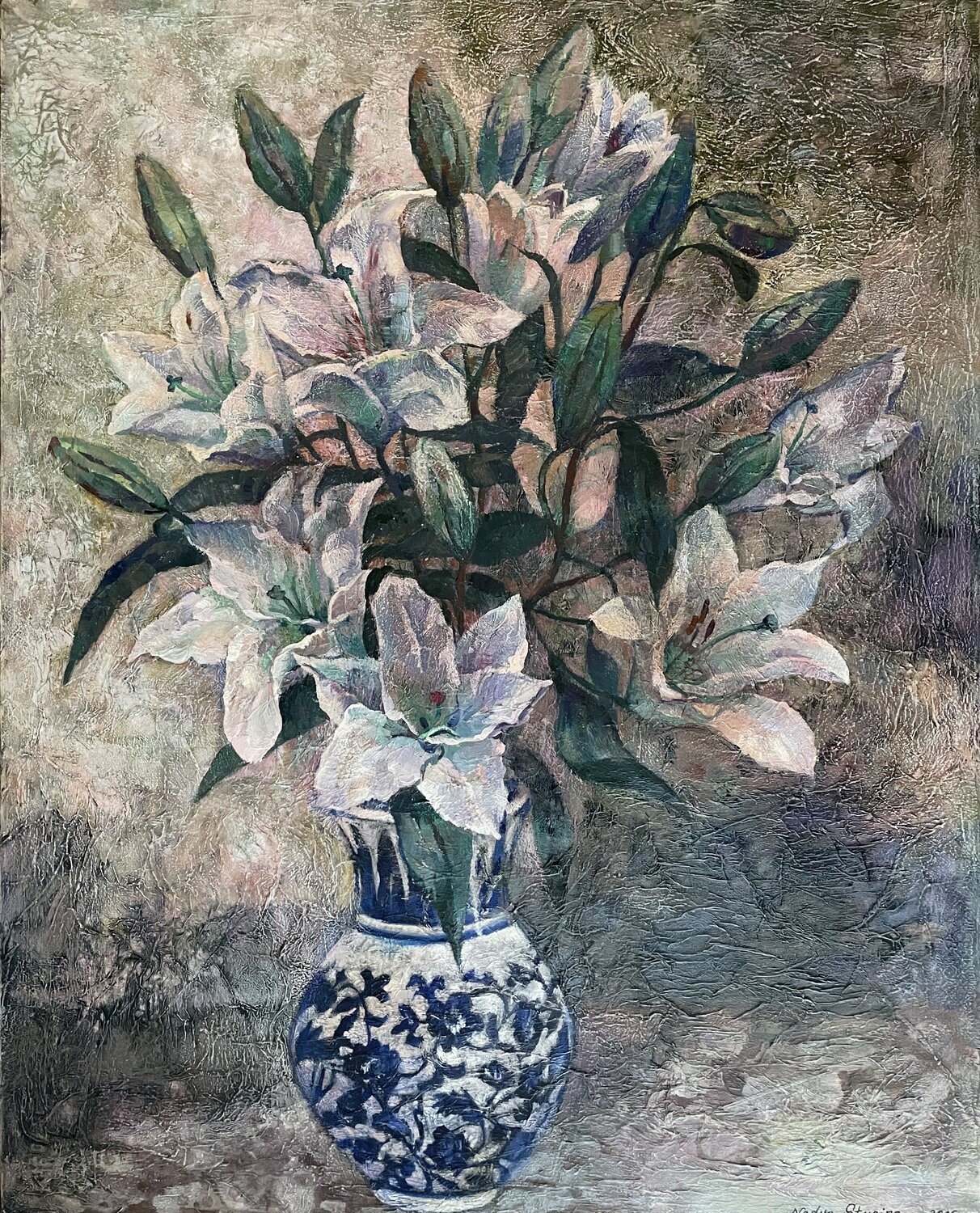 Lilies in a blue and white vase Nadezda Stupina Original painting for sale