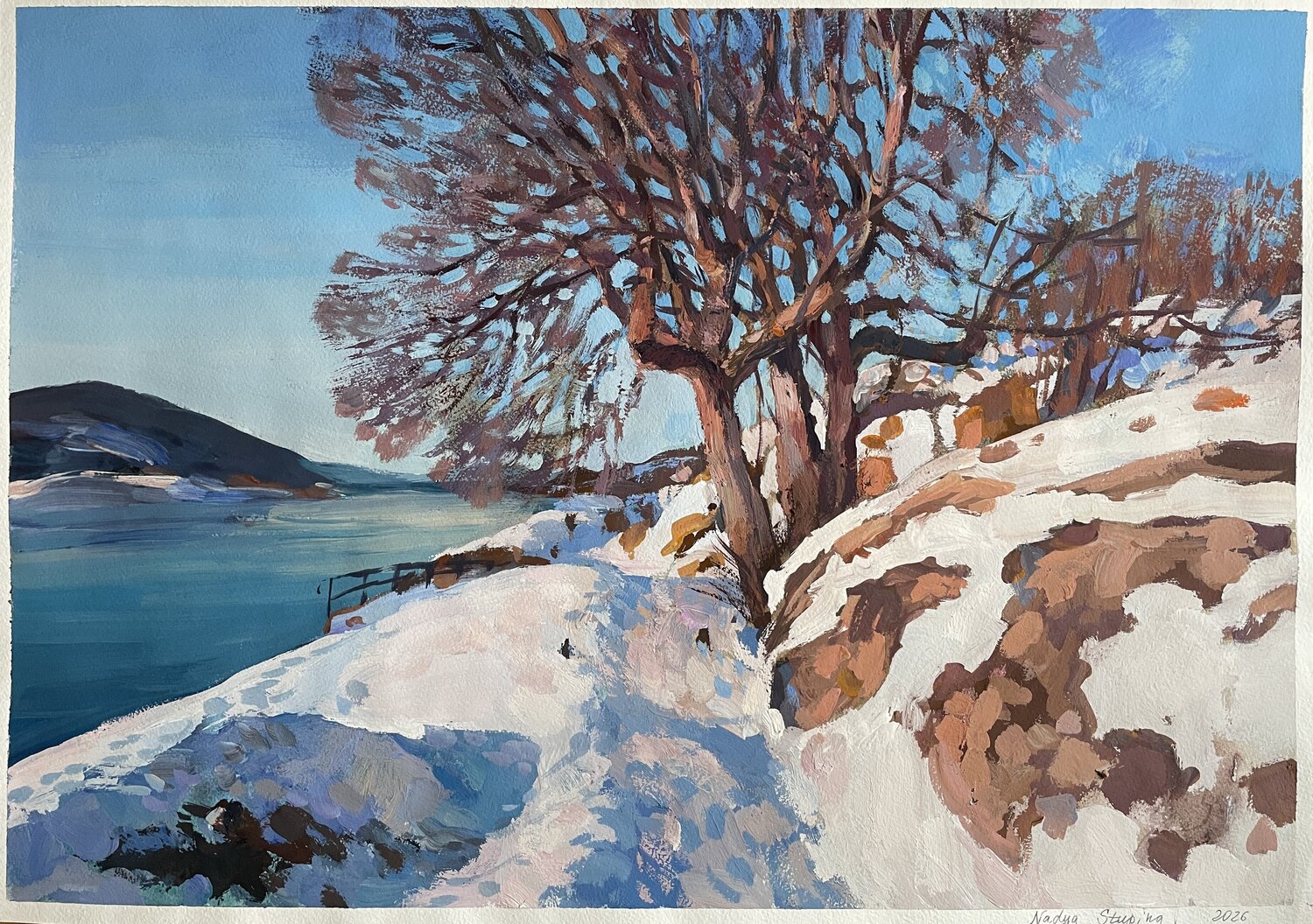 Winter at the fjord Nadezda Stupina Original painting for sale