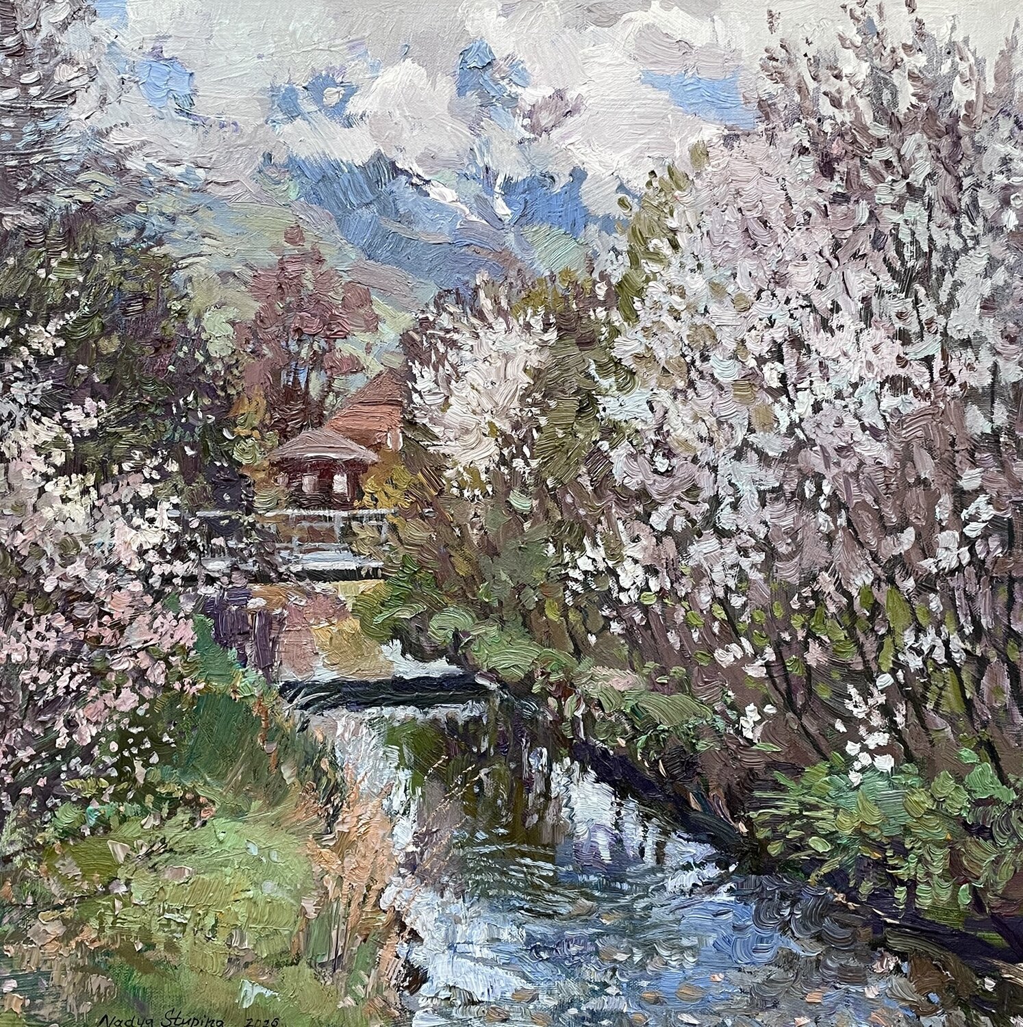 Blooming in the Alpine valley Nadezda Stupina Original painting for sale