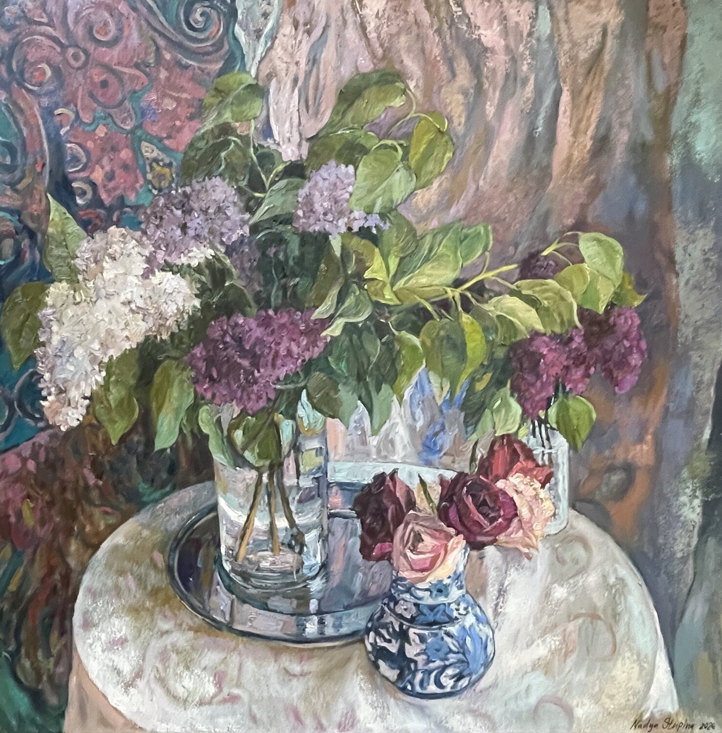 Spring still life with ornamental fabric Nadezda Stupina Original painting for sale