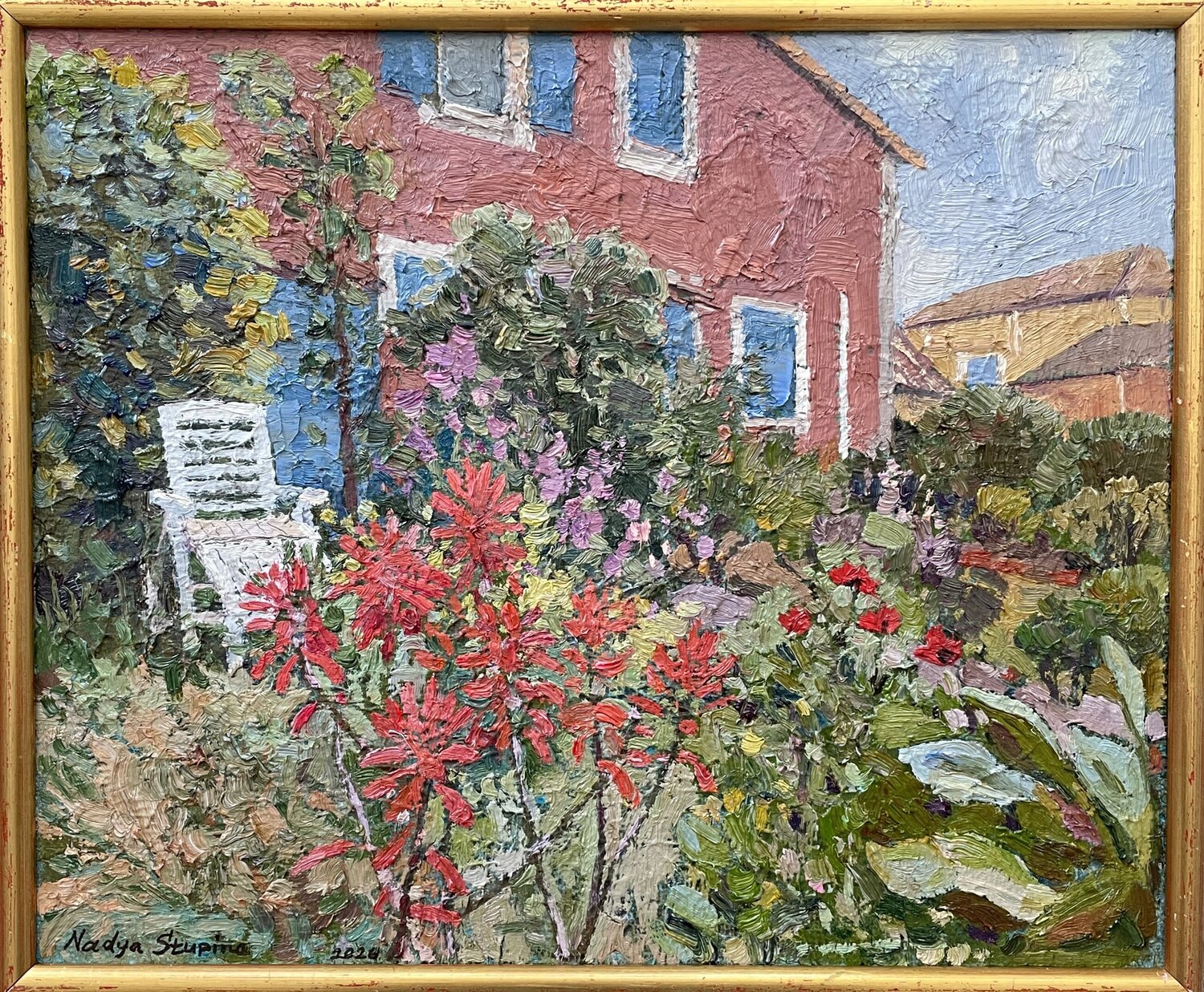 Garden with a white sun lounger Nadezda Stupina Original painting for sale