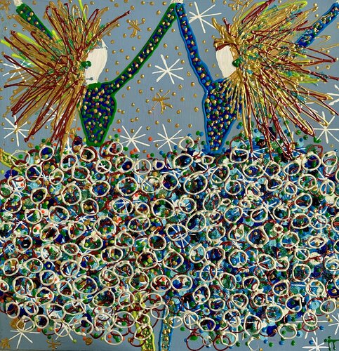 Daisy and Dolly in the blue with party dresses 2 by Inge Thogersen, Painting for Sale on Select