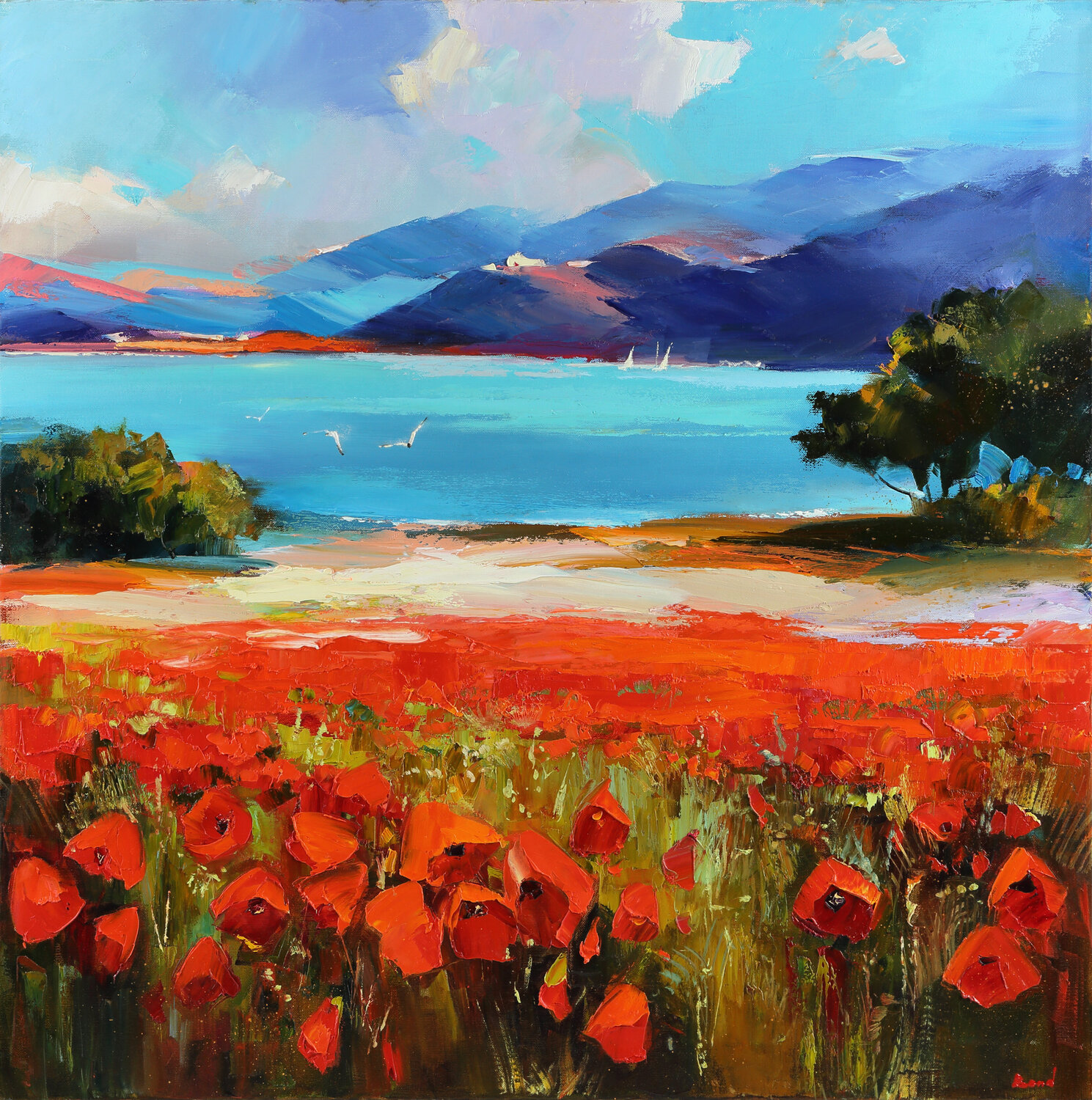 The whisper of the wind between the red flowers Tatiana Yabloed Original painting for sale