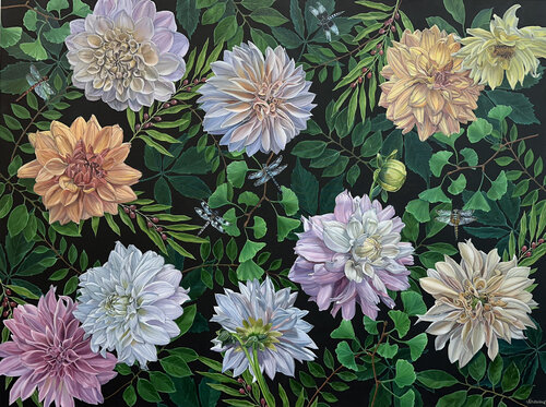 Dahlias and Dragonflies by Catherine Kirkwood, Painting for Sale on Select