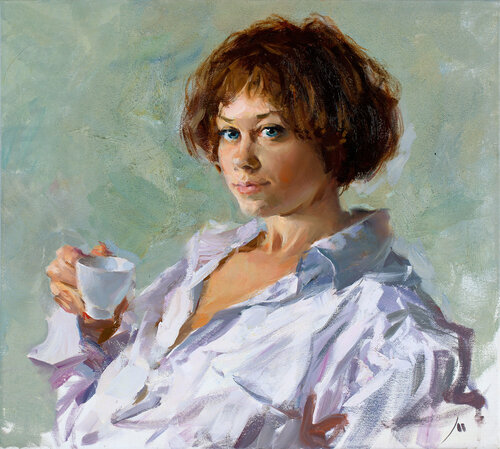 Morning coffee with Julia by Evgeniy Monahov, Painting for Sale on Select