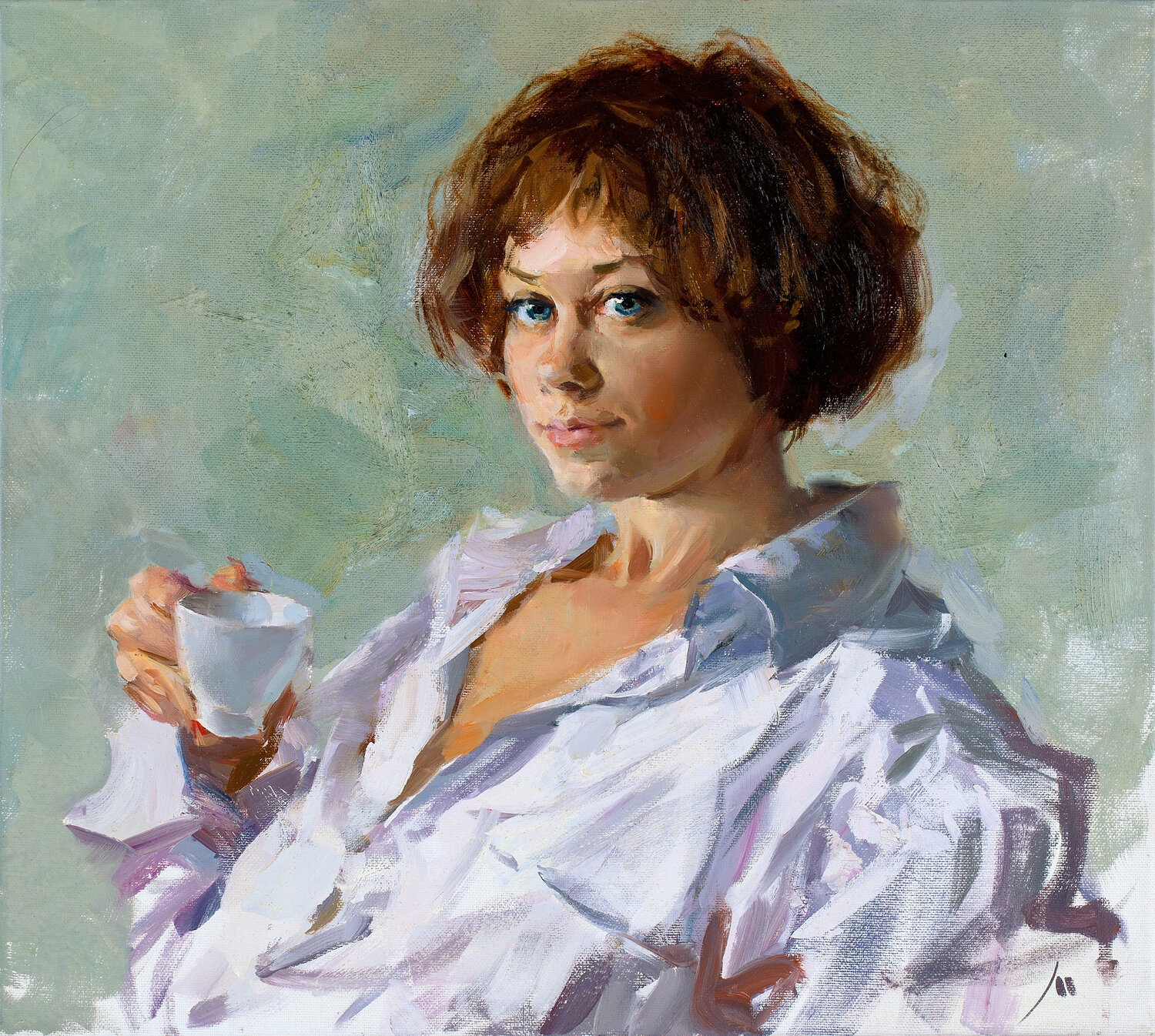 Morning coffee with Julia Evgeniy Monahov Original painting for sale
