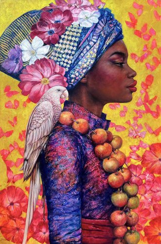 Lady with a Parrot II by Emil Aziz, Painting for Sale on Select