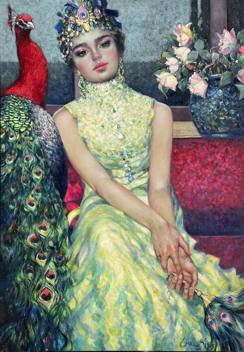Girl with the Red Peacock Emil Aziz Original painting for sale