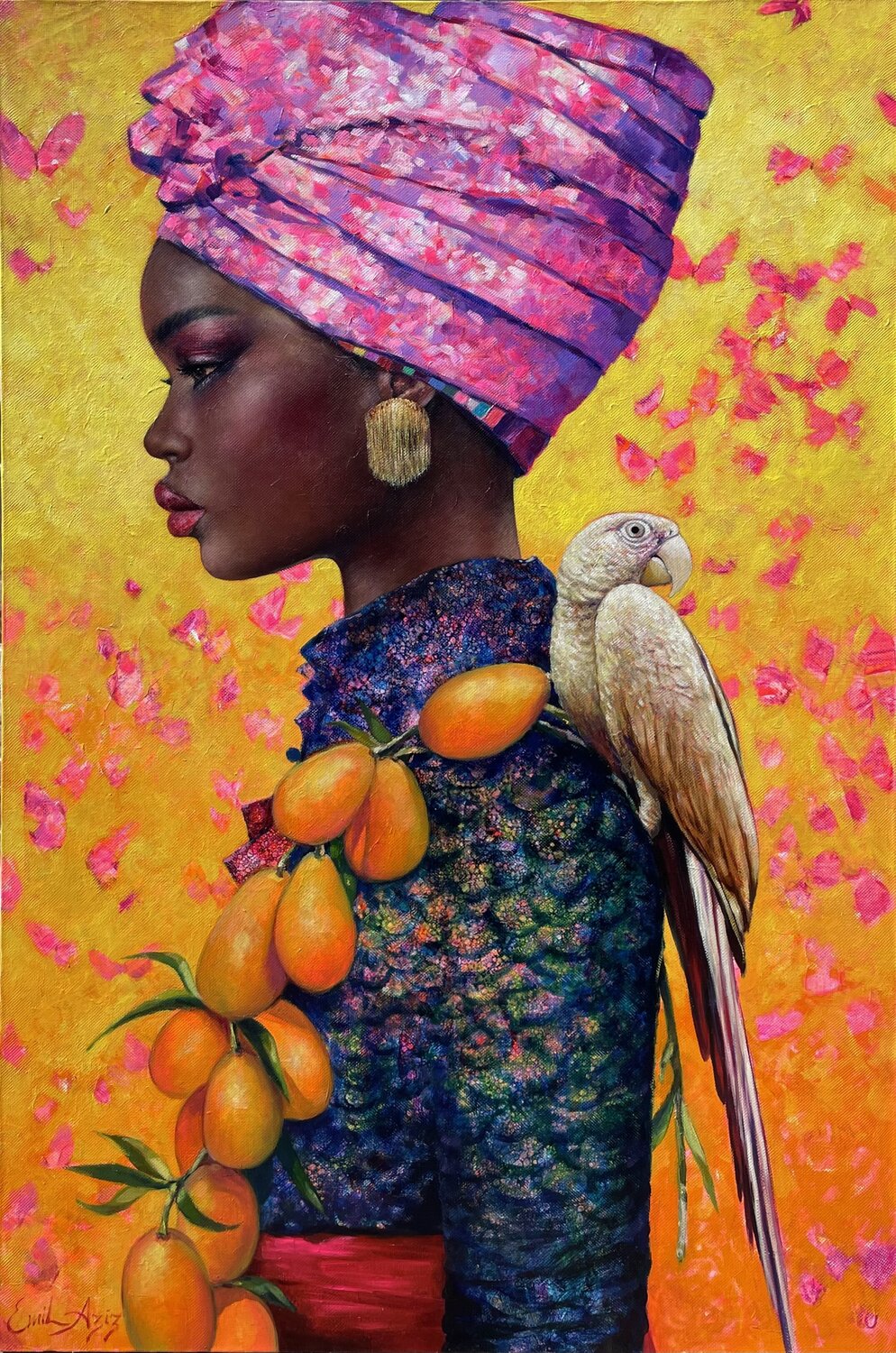 Lady with a Parrot Emil Aziz Original painting for sale