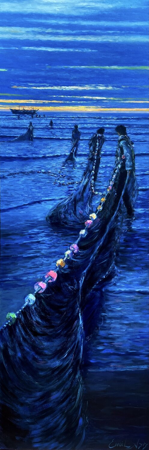 Fishermen at Dawn Emil Aziz Original painting for sale