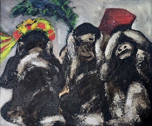 Three Kraków Monkeys: Folk Wisdom in Earthy Tones by Urszula Widzgowska, Painting for Sale on Select