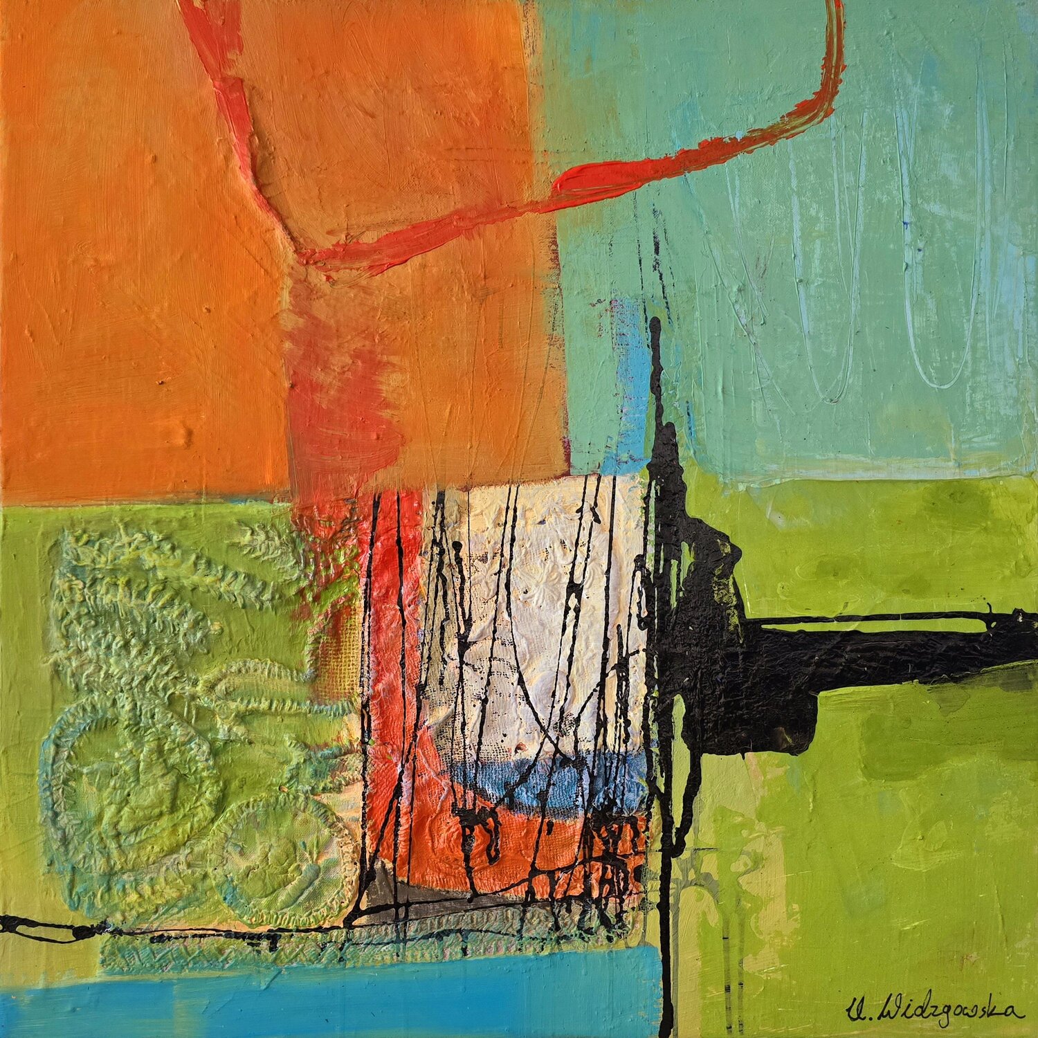 Welten im Wandel: Geometrische Pulsationen von Oben Urszula Widzgowska Original painting for sale