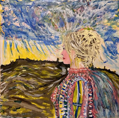 La signora della pioggia in visita a Pienza by Mario Pratesi, Painting for Sale on Select