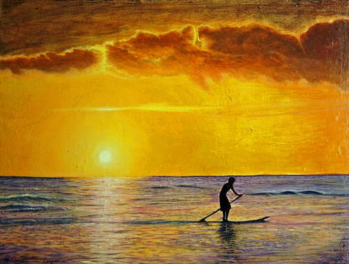 Golden Hour Glide, Hawaiian Sunset with a Paddle Surfer by Rhia Janta-Cooper, Painting for Sale on Select