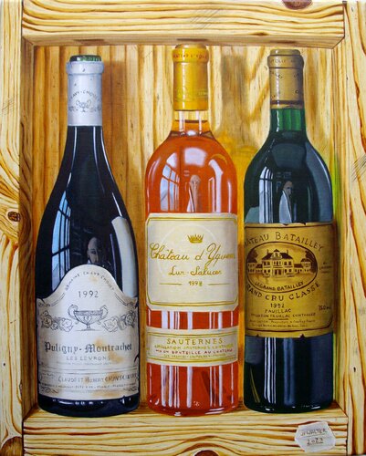 3 grands crus en trompe-l'oeil by Jean-Pierre Walter, Painting for Sale on Select