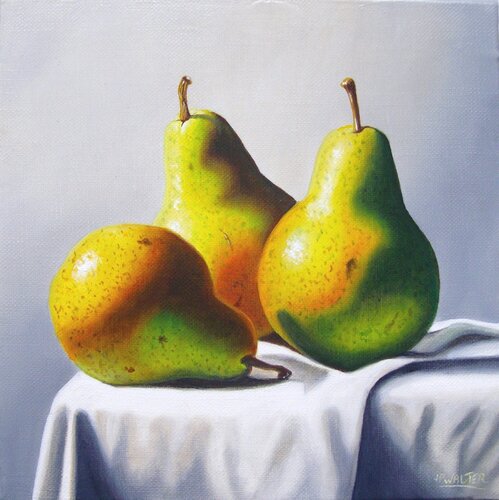 3 poires sur nappe // 3 pears on a tablecloth by Jean-Pierre Walter, Painting for Sale on Select
