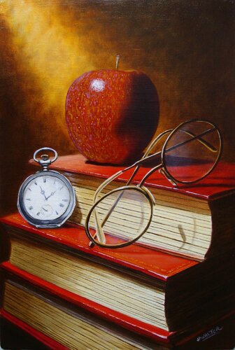 Pomme sur livres // Apple on books by Jean-Pierre Walter, Painting for Sale on Select